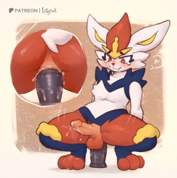 anal animal_nose artist_name body_fur cinderace commentary completely_nude dildo dildo_riding english_commentary erection furry furry_male gen_8_pokemon heart highres lisyrnik male_focus male_penetrated multiple_views navel nintendo nude patreon_username penis pokemon pokemon_(creature) precum red_eyes sex_toy solo_focus speech_bubble spoken_heart spread_legs squatting testicles white_fur