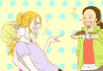 1girl 2boys annoyed black_hair blonde_hair bug fainting grin long_nose looking_at_another multiple_boys nami_(one_piece) one_piece orange_hair pointing sanji_(one_piece) smile spider standing tears usopp worm