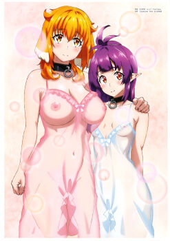 2girls absurdres animal_ears antenna_hair arm_around_shoulder bare_arms bare_shoulders black_collar blue_bow blunt_bangs bow breasts brown_eyes chemise cleavage closed_mouth collar collarbone cowboy_shot dog_ears dog_girl dwarf floppy_ears frills gotan_takayuki hair_flaps hand_on_another&#039;s_shoulder height_difference highres hug isekai_meikyuu_de_harem_wo large_breasts lens_flare lingerie long_hair looking_at_viewer magazine_scan megami_magazine multiple_girls negligee nightgown nipples o-ring o-ring_collar official_art orange_hair pink_background pink_bow pointy_ears purple_hair raised_eyebrows red_eyes roxanne_(isekai_meikyuu_de_harem_wo) scan see-through_clothes sherry_(isekai_meikyuu_de_harem_wo) side-by-side simple_background small_breasts smile spaghetti_strap standing strap_gap underwear underwear_only