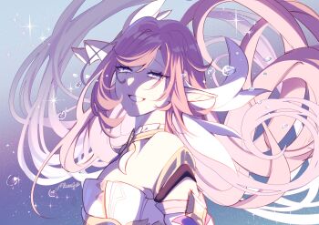 1girl absurdres bare_shoulders breasts commentary corset diamond-shaped_pupils diamond_(shape) elf elysia_(herrscher_of_human:_ego)_(honkai_impact) elysia_(honkai_impact) english_commentary highres honkai_(series) honkai_impact_3rd large_breasts long_hair looking_at_viewer multicolored_hair pink_hair pointy_ears pristinemori purple_eyes smile solo symbol-shaped_pupils tears two-tone_hair upper_body very_long_hair white_corset white_hair