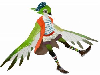 1girl beret bird_girl black_eyes coat colored_sclera commentary_request feathered_wings feathers full_body furry furry_female green_feathers green_wings grey_sclera hat nagabe orange_coat original shirt shorts simple_background sleeveless sleeveless_coat solo standing standing_on_one_leg striped_clothes striped_shirt white_background winged_arms wings