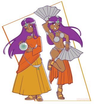 2girls :o absurdres arm_behind_head arm_up armlet armor asymmetrical_dress bikini_armor bracelet breasts brown_eyes circlet crystal_ball dancer dark-skinned_female dark_skin dragon_quest dragon_quest_iv dress earrings eyelashes folding_fan forehead_jewel full_body gem green_gemstone grin hand_fan hands_up highres holding holding_fan holding_orb jewelry leg_up loincloth long_dress long_hair long_sleeves lower_eyelashes_only manya_(dq4) metal_belt metal_bikini metal_bra minea_(dq4) multiple_bracelets multiple_girls mutant-girl-mintt navel neck_ring one_eye_closed orange_dress orange_loincloth orb parted_lips pelvic_curtain purple_hair sandals siblings single_bare_shoulder single_sleeve sisters smile solo_focus sphere_earrings standing standing_on_one_leg thighlet