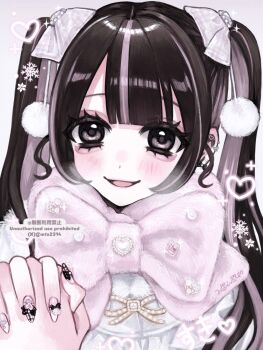 1girl aegyo_sal black_hair blush bow ear_piercing hair_between_eyes hair_bow hair_ornament heart highres holding_hands interlocked_fingers jirai_kei long_hair looking_at_viewer min_(mts2314) multicolored_hair multicolored_nails multiple_hair_bows open_mouth original piercing pink_bow pom_pom_(clothes) pom_pom_hair_ornament pov pov_hands scarf scarf_bow smile snowflakes streaked_hair twintails