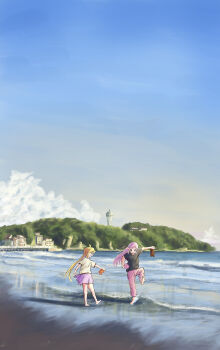 2girls absurdres arm_at_side barefoot beach black_shirt blonde_hair blue_sky bocchi_the_rock! cloud commentary_request day enoshima floating_hair gotoh_hitori highres holding holding_shoes holding_unworn_clothes ijichi_nijika leg_up long_hair looking_at_another looking_down miniskirt multiple_girls ocean open_mouth outdoors pants pink_hair pink_pants pink_skirt real_world_location sand scenery shirt shoes short_sleeves side_ponytail skirt sky smile standing standing_on_one_leg t-shirt tower unworn_shoes very_long_hair water waves white_shirt wide_shot yusaku2021com