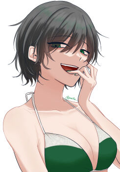 Rule 34 | 1girl, absurdres, alternate costume, bikini, bikini day, black hair, breasts, cleavage, collarbone, commentary, green nails, halterneck, hand up, highres, medium breasts, murasa minamitsu, open mouth, panilla, short hair, simple background, smile, solo, swimsuit, teeth, touhou, twitter username, upper body, upper teeth only, white background