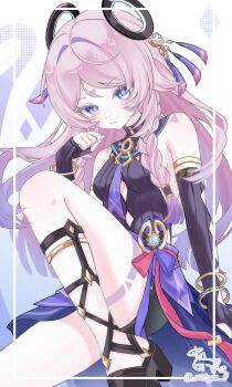 1girl armlet bare_shoulders black_leotard black_shoes blue_eyes blush bracelet braid breasts citlali_(genshin_impact) closed_mouth clothing_cutout commentary_request cryo_symbol_(genshin_impact) facial_mark floating_headgear forehead_mark genshin_impact gradient_hair headgear highres jewelry leotard long_hair looking_at_viewer multicolored_hair parted_bangs pink_hair pink_pupils purple_hair ribbed_leotard shoes signature solo thigh_marking triangle triangle_facial_mark twin_braids twitter_username underboob underboob_cutout ustya_0 vision_(genshin_impact)