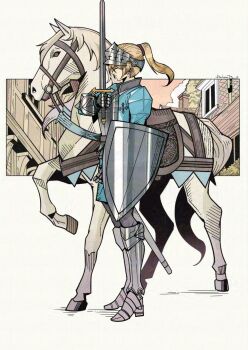 1girl armor blonde_hair breastplate closed_eyes full_body gauntlets greaves herheim highres holding holding_shield holding_sword holding_weapon horse miriam_(unicorn_overlord) mixed-language_commentary ponytail sabaton shield short_hair signature solo sword unicorn_overlord weapon white_background white_horse