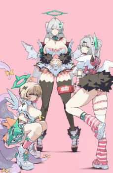 Rule 34 | 3girls, absurdres, aria (human) (zenless zone zero), aria (zenless zone zero), aria (zenless zone zero) (cosplay), arm warmers, ass, bag, bare shoulders, black skirt, black thighhighs, blonde hair, bow, breasts, cleavage, closed mouth, clothing cutout, commentary request, cosplay, crop top, crop top overhang, detached sleeves, dress, fingerless gloves, fur-trimmed sleeves, fur trim, gloves, gluteal fold, green halo, green shirt, grey hair, hair between eyes, hair bow, hair ornament, hair over one eye, hairpin, halo, highres, large breasts, leg up, leg warmers, long hair, looking at viewer, mole, mole under mouth, multiple girls, multiple hair bows, nangong yu, nangong yu (cosplay), navel, navel cutout, open clothes, panties, pink arm warmers, pink background, pink bag, pink leg warmers, pink panties, pink shoes, purple eyes, rimeye, shirt, shoes, short hair, simple background, single hair intake, skirt, smile, squatting, striped arm warmers, striped clothes, striped leg warmers, striped panties, sunna (zenless zone zero), sunna (zenless zone zero) (cosplay), tentacle girl, tentacle tail, tentacles, thighhighs, underwear, velina airgid, white dress, white shirt, white shoes, white wings, winged bag, wings, yellow eyes, yidhari murphy, yixuan (zenless zone zero), zenless zone zero