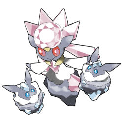 blacknirrow blue_eyes blue_gemstone carbink closed_mouth commentary diancie english_commentary gem gen_6_pokemon legendary_pokemon mythical_pokemon nintendo no_humans pink_gemstone pink_pupils pokemon pokemon_(creature) red_eyes simple_background smile split_mouth white_background