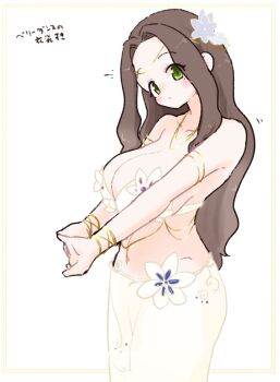1girl armlet blush bra bracelet breasts brown_hair closed_mouth cowboy_shot flower forehead gold_armlet gold_bracelet gold_necklace green_eyes hair_flower hair_ornament highres inset_border jewelry large_breasts long_hair looking_at_viewer necklace olto_rondo original own_hands_together skirt solo stretching translation_request underwear white_background white_bra white_flower white_skirt
