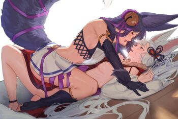 2girls animal_ears breasts fox_ears fox_tail granblue_fantasy grey_hair long_hair medium_breasts multiple_girls nuykkif on_person purple_eyes purple_hair saliva saliva_trail sideboob societte_(granblue_fantasy) tail white_hair yuel_(granblue_fantasy) yuri
