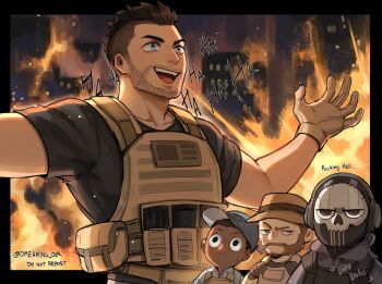 4boys baseball_cap beard black_gloves black_hair black_shirt blue_eyes brown_gloves brown_hair bulletproof_vest call_of_duty call_of_duty:_modern_warfare_2 collared_shirt dreaming_oor english_text evil_smile facial_hair fire gaz_(call_of_duty_4) ghost_(modern_warfare_2) gloves hat headphones highres male_focus mask multiple_boys open_mouth shirt short_hair skull_mask smile soap_(modern_warfare_2) twitter_username