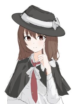 1girl absurdres asymmetrical_hair black_capelet black_hat bow brown_eyes brown_hair capelet clasp closed_mouth collared_shirt commentary hair_bow hat hat_bow hersyeru highres index_finger_raised long_sleeves looking_at_viewer medium_hair necktie red_necktie shirt simple_background sketch smile solo tie_clip touhou usami_renko white_background white_bow white_shirt