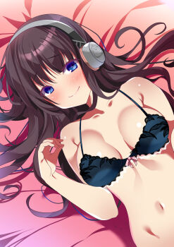 1girl absurdres azur_lane bare_shoulders black_hair blue_bra blue_eyes blush bra breasts closed_mouth collarbone commentary_request from_above headphones highres lace lace-trimmed_bra lace_trim lingerie long_hair long_island_(azur_lane) looking_at_viewer lying manjuu_(azur_lane) medium_breasts navel on_back on_bed origami_aya signature smile solo stomach underwear