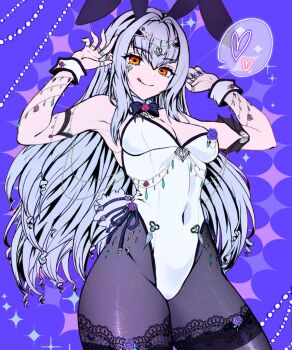 1girl animal_ears bare_shoulders bow bowtie breasts cleavage covered_navel detached_collar fate/grand_order fate_(series) forked_eyebrows gold_trim grey_pantyhose highleg highleg_leotard highres leotard licking_lips long_hair looking_at_viewer medium_breasts melusine_(fate) pantyhose playboy_bunny rabbit_ears satou_nui sidelocks smile solo thighband_pantyhose thighs tongue tongue_out white_hair white_leotard wrist_cuffs yellow_eyes