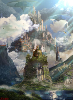 3d absurdres bird blender_(medium) building castle cloud commentary_request fantasy highres lake mixed_media mountain no_humans original outdoors overgrown scenery signature sunlight warera