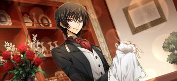 1boy artist_request ascot black_hair black_jacket black_shirt blurry bokeh breast_pocket butler buttons cafe closed_mouth code_geass code_geass:_lost_stories collared_shirt cup depth_of_field drying dutch_angle flower game_cg hair_between_eyes happy highres holding holding_cloth holding_cup indoors jacket lelouch_vi_britannia long_sleeves looking_at_viewer male_focus non-web_source official_art open_clothes open_jacket picture_frame pocket purple_eyes red_ascot red_flower red_rose rose shelf shirt short_hair sidelocks smile solo standing teacup upper_body vase vest white_vest