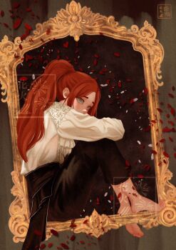 1girl ascot barefoot black_pants clair_obscur:_expedition_33 commentary english_commentary grey_eyes hanabi_(albipink) high_ponytail highres maelle_(clair_obscur:_expedition_33) pants ponytail portrait_(object) red_hair red_petals solo watermark white_ascot white_petals