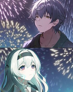1boy 1girl aerial_fireworks black_hairband caelus_(honkai:_star_rail) closed_mouth collarbone commentary cracked_face crying crying_with_eyes_open devl_ga_aru english_commentary firefly_(honkai:_star_rail) fireworks grey_hair hair_between_eyes hairband highres honkai:_star_rail honkai_(series) long_hair looking_up night open_mouth pink_eyes short_hair smile tears trailblazer_(honkai:_star_rail) yellow_eyes