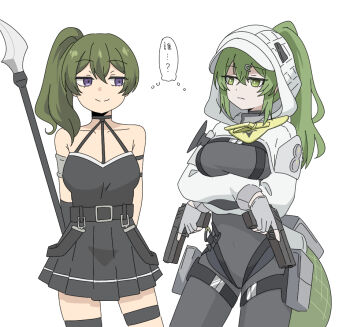 2girls arknights arknights:_endfield arms_under_breasts black_dress bodysuit breasts closed_mouth commentary covered_navel crossover dress dual_wielding english_commentary eye_contact fluorite_(arknights) green_eyes green_hair grey_bodysuit gun hair_between_eyes hair_ornament hair_through_headwear hairclip handgun holding holding_gun holding_weapon hood hood_up long_hair looking_at_another medium_breasts multiple_girls nyaru_(nyaru_4126) pleated_dress polearm ponytail purple_eyes shared_speech_bubble side_ponytail simple_background smile sousou_no_frieren speech_bubble tail translation_request ubel_(sousou_no_frieren) weapon white_background