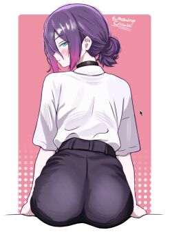 1girl ass ass_focus back black_choker blush butt_crack chainsaw_man choker collar commentary english_commentary facing_away from_behind green_eyes hair_between_eyes hair_bun highres long_hair_between_eyes looking_at_viewer mothdropcrowla neck_ribbon purple_hair reze_(chainsaw_man) ribbon shirt shirt_tucked_in short_hair simple_background single_hair_bun sitting smile solo