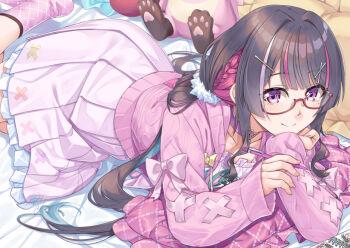 1girl azki_(hololive) azki_(yurufuwa_casual)_(hololive) bed_sheet black_hair blunt_bangs braid cardigan choker colored_inner_hair commentary_request cross-laced_clothes cross-laced_sleeves dress frilled_dress frills glasses hair_ornament hairclip holding holding_pencil hololive long_hair looking_at_viewer low_twintails lying miri_(ago550421) mole mole_under_eye multicolored_hair official_alternate_costume pencil pink_cardigan pink_choker pink_dress pink_hair pink_socks pleated_dress purple_eyes red-framed_eyewear semi-rimless_eyewear side_braid sidelocks socks solo streaked_hair twintails under-rim_eyewear virtual_youtuber x_hair_ornament