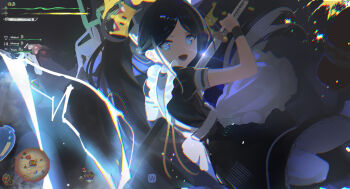 1girl apron aqua_halo aris_(blue_archive) aris_(maid)_(blue_archive) black_dress black_hair black_wrist_cuffs blue_archive blue_eyes chinese_commentary commentary_request crown dress dutch_angle fighting_stance halo highres holding holding_sword holding_weapon katana long_hair looking_at_viewer maid_apron mini_crown monster_hunter_(series) monster_hunter_wilds official_alternate_costume open_mouth pantyhose parted_bangs ready_to_draw solo sword user_interface very_long_hair weapon white_pantyhose wiersa wrist_cuffs