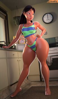 1girl 3d arm_support artist_name bikini black_hair blue_bikini curvy dark-skinned_female dark_skin full_body green_bikini hand_on_own_hip highleg highleg_bikini highres indoors kitchen lilo_&amp;_stitch long_hair multicolored_bikini nani_pelekai navel parted_lips shiny_skin smittt34 solo striped_bikini striped_clothes swimsuit thong thong_bikini two-tone_bikini watch wide_hips