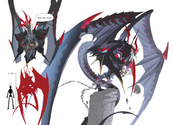 Rule 34 | 1boy, absurdres, animal feet, black skin, black wings, chain, chinese commentary, chinese text, claws, collar, colored skin, colored teeth, cuffs, digitigrade, dragon boy, dragon horns, dragon tail, dragon wings, electricity, facing to the side, full body, grey skin, grey wings, hands up, head tilt, highres, horns, leaning forward, leviair, light brown hair, long tail, male focus, metal collar, monster boy, multiple horns, multiple views, multiple wings, original, pillar, red horns, red teeth, shackles, sharp teeth, sidelocks, simple background, speech bubble, standing, tail, teeth, white background, wings