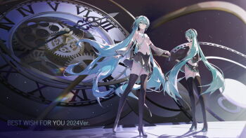 1girl absurdres aqua_eyes aqua_hair aqua_necktie aqua_ribbon aqua_trim arm_tattoo black_boots black_skirt boots clock commentary_request detached_sleeves full_body hair_between_eyes hair_ornament hatsune_miku hatsune_miku_(nt) highres holding holding_hands long_hair long_sleeves miniskirt necktie number_tattoo pleated_skirt refa ribbon roman_numeral shirt skirt sleeveless sleeveless_shirt solo tattoo thigh_boots twintails very_long_hair vocaloid white_shirt wide_sleeves