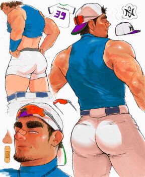 1boy absurdres ass ass_focus backwards_hat bandaid bandaid_on_face bandaid_on_nose bara baseball_cap baseball_uniform blue_tank_top boxer_briefs broad_shoulders chain chain_necklace commentary earrings facial_hair from_behind goatee hair_through_headwear hat highres jewelry lips looking_to_the_side male_focus male_underwear multiple_views muscular muscular_arms muscular_male necklace noga_(noga_0309) nose pants pants_around_thighs senpai_ga_uzai_kouhai_no_hanashi shiny_skin shirt simple_background single_earring sketch sleeveless sleeveless_shirt sportswear sweat takeda_harumi tan tank_top tanline thick_eyebrows thick_thighs thighs tight_clothes tight_pants tight_shirt triceps turtleneck turtleneck_shirt underwear untranslatable_commentary v-taper white_background white_male_underwear white_pants wide_back wristband