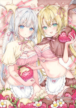 Rule 34 | 2girls, :d, apron, blonde hair, blue eyes, bra, breasts, brown capelet, capelet, commentary request, cowboy shot, cream, food, fruit, green eyes, hair ribbon, hand up, highres, holding, holding food, large breasts, long hair, lowleg, lowleg panties, midriff, multiple girls, navel, neck ribbon, no panties, omagari kei, open mouth, original, oversized food, oversized object, panties, parted lips, pink bra, pink ribbon, ribbon, smile, stomach, strawberry, thigh strap, twintails, underwear, waist apron, white apron, white hair, yellow capelet