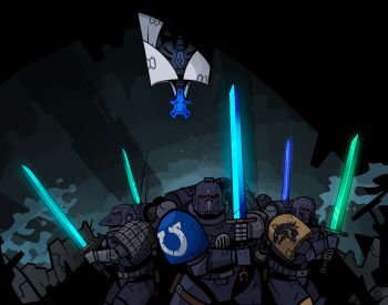 6+boys absurdres adeptus_astartes armor crossover general_grievous highres holding holding_sword holding_weapon multiple_boys necron parody pauldrons power_armor power_sword raven_guard scene_reference shoulder_armor space_wolves star_wars star_wars:_clone_wars_(2003) style_parody sword ultramarines upside-down warhammer_40k weapon wolfdawg_art