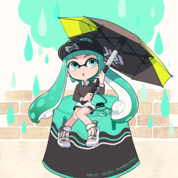 1girl :o aqua_eyes aqua_hair artist_name baseball_cap black_hat black_shorts black_sweater collared_shirt commentary_request deformed dolphin_shorts full_body hat hero_brella_(splatoon) holding holding_umbrella ink_storm_(splatoon) inkling inkling_(swim_form) inkling_girl inkling_player_character inumaru_akagi long_hair long_sleeves looking_up nintendo open_mouth pixiv_id sandals shirt shorts sitting sleeping_animal solo splatoon_(series) splatoon_2 squid sweater tentacle_hair umbrella white_sandals white_shirt