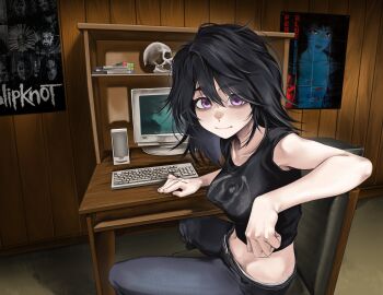 1girl absurdres belt black_hair black_pants black_shirt book breasts chair chtv closed_mouth collarbone commentary computer computer_keyboard cropped_shirt desk hair_between_eyes highres indoors instrument iwakura_lain keyboard_(instrument) keyboard_tray light_smile long_hair looking_at_viewer messy_hair midriff monitor navel original pants perfect_blue poster_(object) print_shirt purple_eyes rubik&#039;s_cube serial_experiments_lain shelf shirt sitting skull sleeveless sleeveless_shirt slipknot solo speaker t-shirt wooden_wall