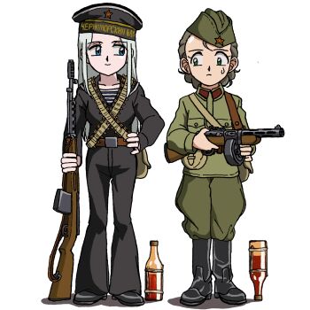 2girls absurdres bag bandolier battle_rifle belt belt_pouch black_boots black_hat black_pants black_shirt black_shoes blue_eyes boots bottle breast_pocket brown_belt chinese_commentary closed_mouth collar_tabs collared_tunic commentary_request drum_magazine full_body garrison_cap green_eyes green_pants green_tunic gun gun_sling gymnastiorka hat hat_writing highres holding holding_gun holding_weapon light_frown light_smile long_hair long_sleeves looking_at_another looking_to_the_side magazine_(weapon) military military_hat military_uniform multiple_girls naval_uniform naval_working_uniform original pants pocket pouch ppd-40 red_star rifle russian_text sailor_hat satchel shadow shirt shoes short_hair sideways_glance simple_background soldier soviet soviet_army soviet_navy star_(symbol) submachine_gun svt-40 sweat tareme tunic warred weapon white_background white_hair world_war_ii yellow_bag