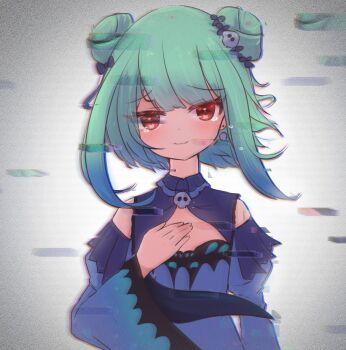 1girl blue_dress blue_hair blurry blurry_background crying detached_collar detached_sleeves double_bun dress flat_chest gradient_hair green_hair hair_bun hair_ornament half_updo hand_on_own_chest highres hololive looking_at_viewer medium_hair milk_tea_1993 multicolored_hair skull_hair_ornament skull_ornament smile static uruha_rushia uruha_rushia_(1st_costume) virtual_youtuber wide_sleeves
