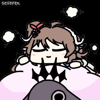 1girl animal_ears animated animated_gif arknights artist_name brown_hair chibi chibi_only chinese_commentary closed_eyes closed_mouth commentary_request dolly_(arknights) eyjafjalla_(arknights) eyjafjalla_the_hvit_aska_(arknights) hair_ornament horns long_hair lowres seseren sheep_ears sheep_girl sheep_horns simple_background smile transparent_background