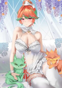 1girl absurdres animal armpit_crease bare_shoulders bow breasts cat chonkers_(takanashi_kiara) cleavage closed_mouth covered_navel detached_collar dress earrings falling_petals green_hair hair_bow highres hololive hololive_english jewelry large_breasts official_alternate_costume orange_hair petals purple_eyes sitting sleepwear smile smoothie_(takanashi_kiara) takanashi_kiara_(cozy) thighhighs trixie_(trixiex33) virtual_youtuber white_dress white_thighhighs
