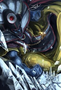 Rule 34 | 1boy, black sclera, blue skin, cape, clenched hands, colored sclera, colored skin, commentary request, dragon quest, dragon quest iii, fake horns, floating cape, floating clothes, helmet, horned helmet, horns, ice, jewelry, kale, male focus, muscular, muscular male, necklace, open mouth, red cape, red eyes, robe, signature, skull necklace, solo, yellow robe, zoma