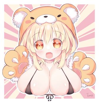 1girl animal_ears areola_slip bare_shoulders blonde_hair blush breasts fang gloves happy highres horns kami_jigen_game_neptune_v large_breasts long_hair neptune_(series) open_mouth orange_eyes pish power_symbol power_symbol-shaped_pupils skindentation smile solo symbol-shaped_pupils tinzing_saamzong yellow_heart_(neptunia)