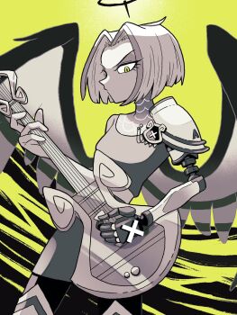 1girl angel angel_wings armor belt black_background black_halo black_pants black_wings breasts colored_skin commentary_request cowboy_shot curtained_hair dress eyeshadow grey_dress grey_eyeshadow guitar halo hazbin_hotel hellaverse highres holding holding_guitar holding_instrument instrument looking_at_viewer lute_(hazbin_hotel) makeup mechanical_arms multicolored_hair no_mouth oru_(0ruru_0ru95) pants parted_bangs short_hair shoulder_armor single_mechanical_arm small_breasts solo standing streaked_hair two-tone_background two-tone_hair two-tone_wings white_belt white_skin white_wings wings yellow_background yellow_eyes