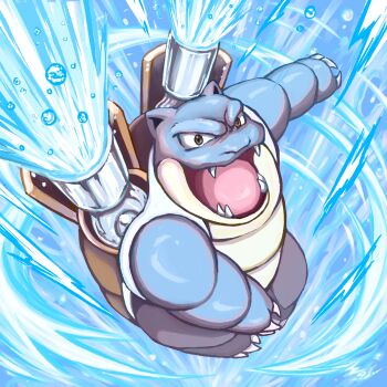 blastoise brown_eyes cannon claws fangs gen_1_pokemon highres hydro_pump_(pokemon) nintendo no_humans open_mouth pokemon pokemon_(creature) pokemon_focus pokemon_move shoulder_cannon solo tongue v-shaped_eyes wai152 water