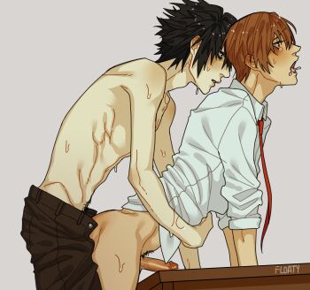 2boys absurdres black_hair brown_hair death_note floatyart highres l_(death_note) male_focus multiple_boys penis sex shirt short_hair sweat white_shirt yagami_light yaoi
