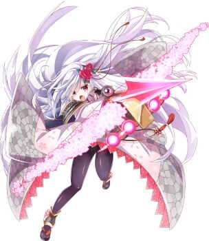 &gt;:o 1girl :o ahoge akaneya bowgun eyes_visible_through_hair flower full_body hair_flower hair_ornament hair_over_one_eye holding holding_weapon long_hair official_art oshiro_project:re oshiro_project:re pantyhose red_eyes shirakawa_komine_(oshiro_project) transparent_background v-shaped_eyebrows very_long_hair weapon white_hair