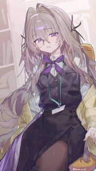 Rule 34 | 1girl, black pantyhose, black skirt, black vest, commentary, funa (sakana), hair between eyes, hair intakes, highres, hunae (funa (sakana)), lanyard, long hair, long sleeves, looking at viewer, open mouth, original, pantyhose, purple eyes, purple hair, purple ribbon, ribbon, shirt, side slit, sitting, skirt, solo, sweatdrop, sweater, untranslatable commentary, vest, white shirt, yellow sweater