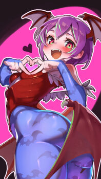 1girl animal_print ass bare_shoulders bat_print bat_wings blue_pantyhose blush breasts clothing_cutout darkstalkers demon_girl diamond_cutout double-parted_bangs fang four-finger_heart_hands fur-trimmed_leotard fur_trim head_wings heart heart_hands highleg highleg_leotard highres leotard life_is_pi lilith_(darkstalkers) looking_at_viewer looking_back open_mouth pantyhose print_pantyhose purple_hair red_eyes red_leotard ribs short_hair small_breasts smile solo wings