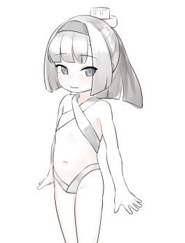1girl absurdres aged_down akizuki_(kancolle) black_hair black_hairband closed_eyes criss-cross_halter feet_out_of_frame flat_chest grey_eyes grey_slingshot_swimsuit hairband halterneck headgear highres kantai_collection loli maru_(marg0613) ponytail slingshot_swimsuit solo swimsuit