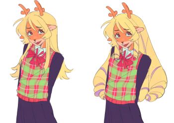 1girl animal_ears antlers arms_behind_back black_shirt black_skirt bow bowtie brown_eyes collared_shirt commentary curly_hair deer_antlers deer_ears deer_girl deltarune english_commentary furry furry_female green_sweater_vest highres horns long_hair looking_up multiple_views noelle_holiday open_mouth plaid_clothes plaid_sweater_vest purrpranolol red_bow red_bowtie shirt skirt sweater_vest utdr_(toby_fox) white_shirt