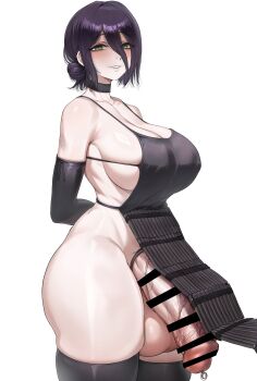 1futa absurdres apron arms_behind_back bar_censor black_apron black_choker black_gloves black_thighhighs breasts censored chainsaw_man choker dynamite elbow_gloves erection explosive futanari gloves green_eyes hair_between_eyes hair_bun highres huge_breasts large_breasts large_penis large_testicles ohthicc penis penis_piercing piercing purple_hair reze_(chainsaw_man) sideboob simple_background solo testicles thighhighs urethral_insertion veins veiny_penis white_background wide_hips